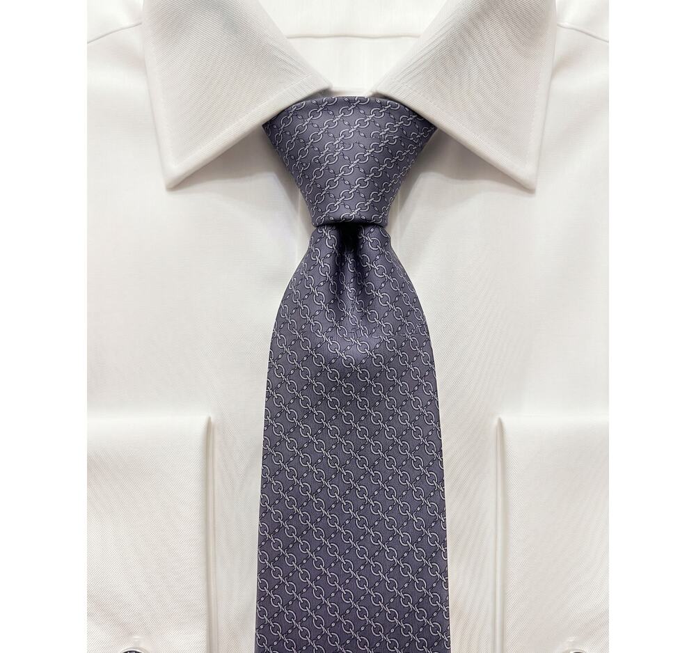 Hermès Paris Grey Geometric Micro Link 100% Silk Necktie